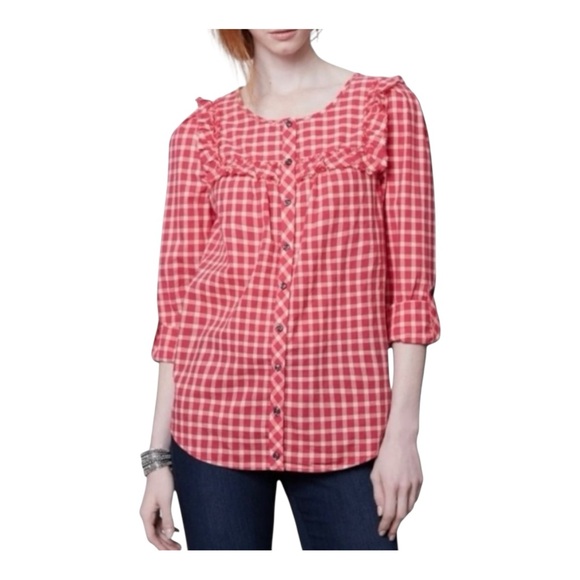 HOLDING HORSES Womens Size 0 Quadrado Gingham Plaid Button Front Ruffled Shirt - Picture 1 of 10